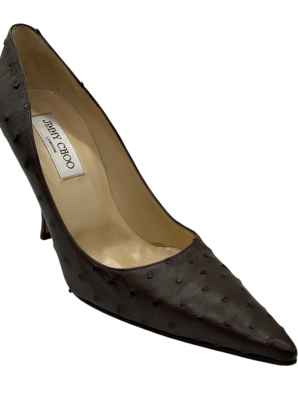 JIMMY CHOO BROWN OSTRICH SKIN LEATHER EMBOSSED POINTED TOE PUMPS